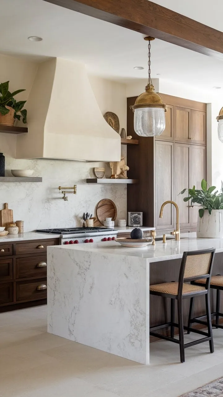 This Mediterranean kitchen, bathed in sunlight and adorned with rich dark wood and marble, is a harmonious blend of elegance and warmth, inspiring culinary creativity.