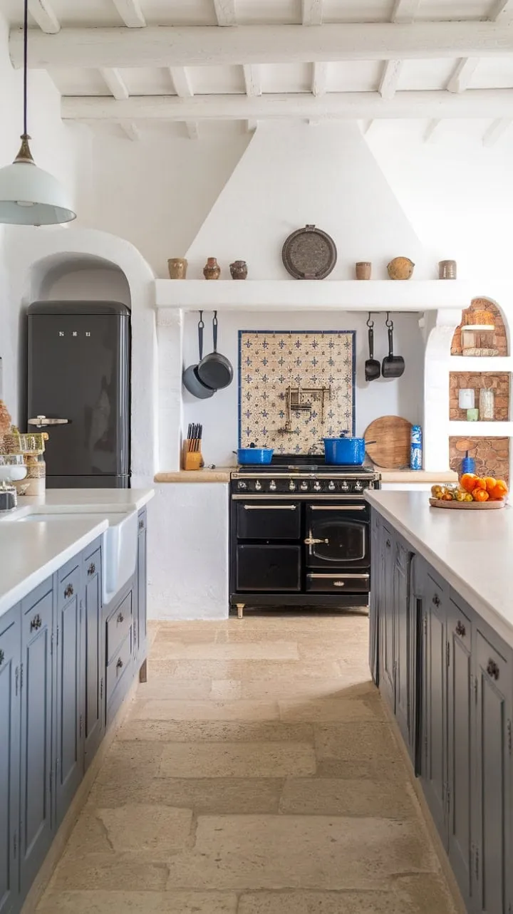This captivating kitchen harmoniously fuses modern elegance with classic Spanish charm, featuring airy grey cabinets, white surfaces, and vibrant tilework that celebrate both style and practicality.