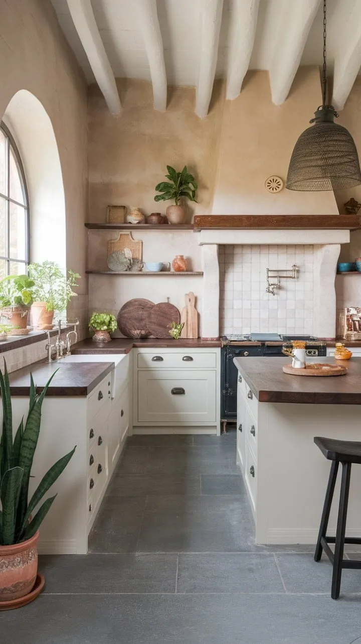 This kitchen harmoniously fuses sleek modernity with Spanish charm, featuring a striking contrast of white cabinets and dark wood countertops, all centered around a vibrant island amidst rustic walls and lush greenery.