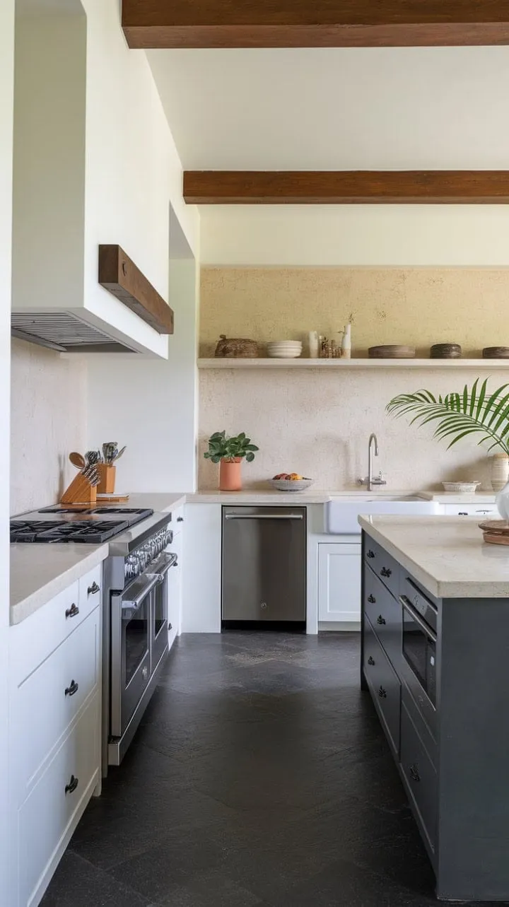 Bathed in sunlight, this modern Mediterranean kitchen harmoniously blends creamy cabinetry and a dark gray island, creating a warm and elegant culinary haven.