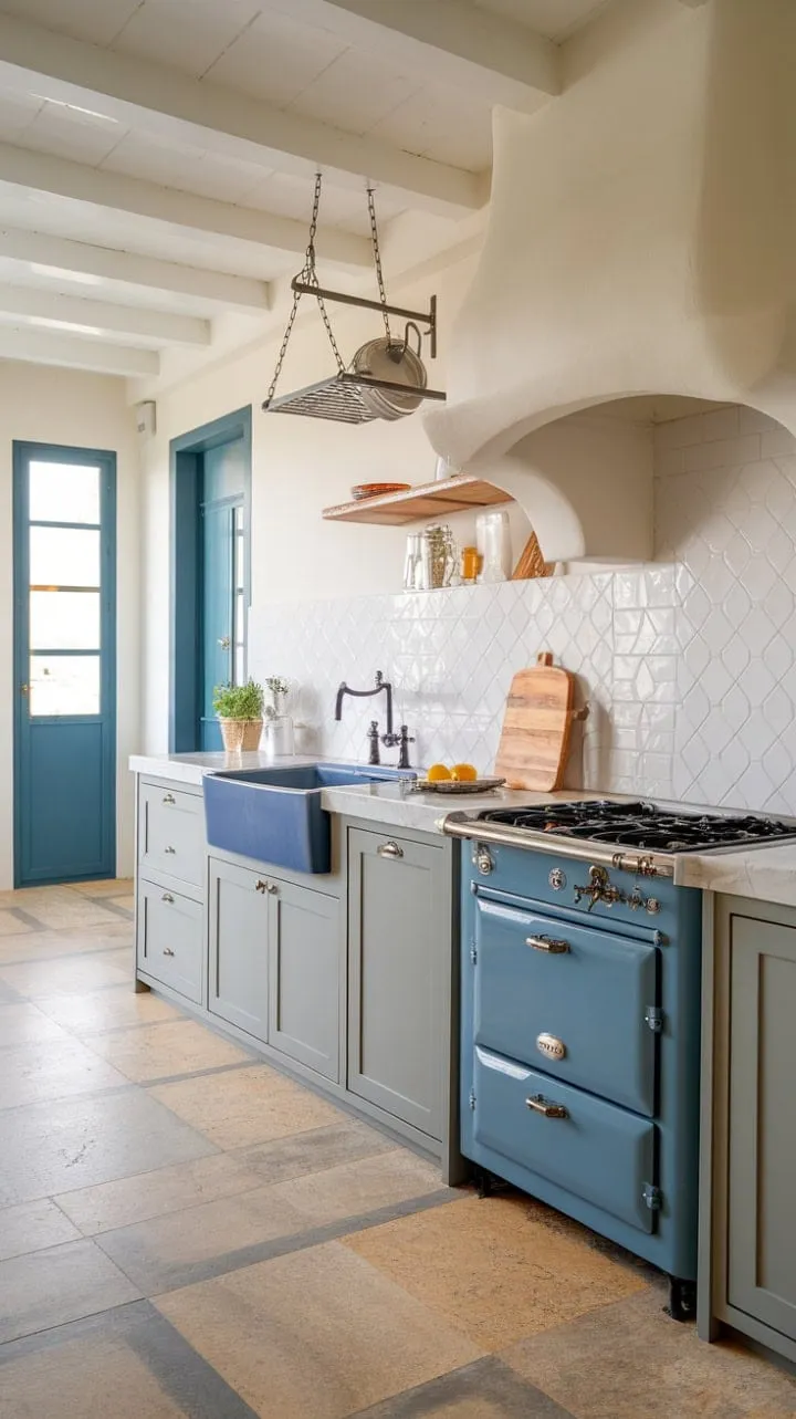 This inviting kitchen harmoniously fuses modern elegance with Spanish warmth, featuring a striking blue sink, rustic pot rack, and a hint of culinary promise with a simple lemon and knife arrangement.