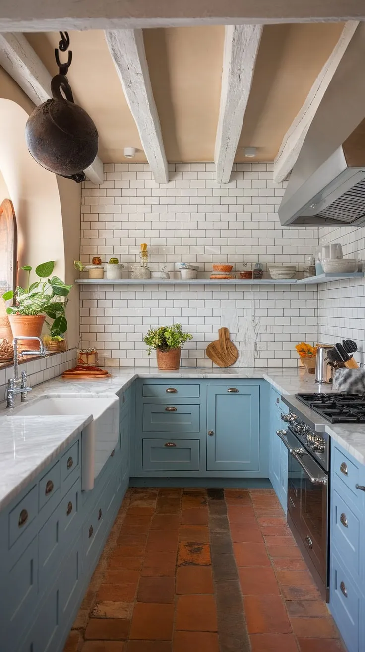 Soft blue cabinetry, terracotta floors, and a marble countertop create a serene and inviting culinary space.