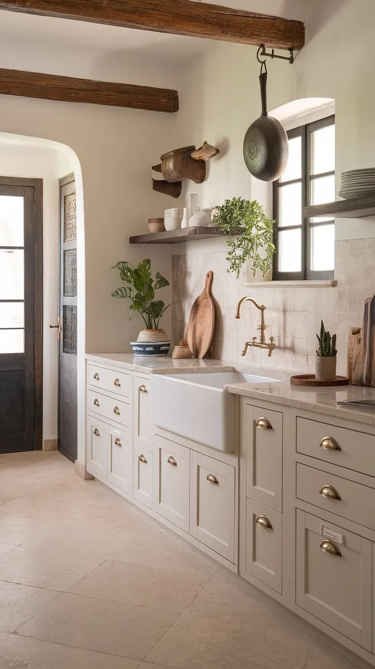 A modern Spanish kitchen blends white cabinetry, brass accents, and marble countertops with rustic touches for a warm, inviting atmosphere.