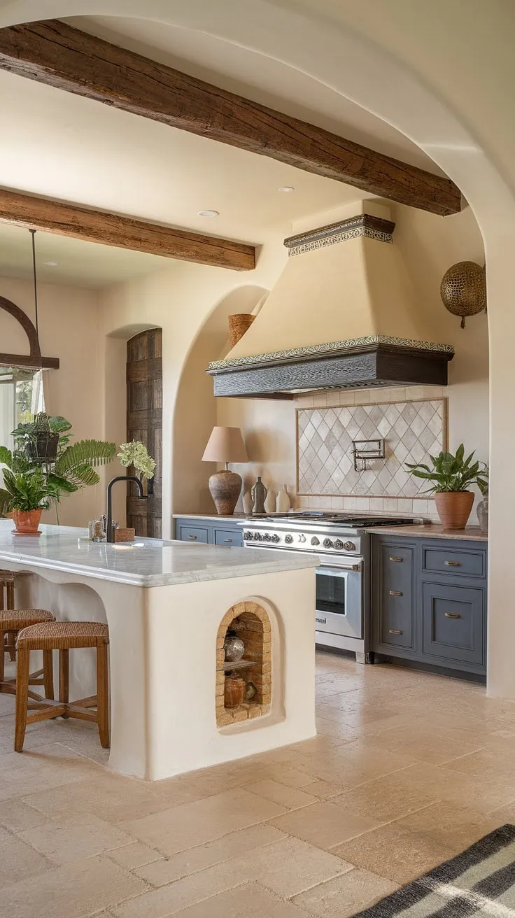 A modern Spanish kitchen blends sleek stainless steel appliances and a marble island with rustic wooden beams and a hand-tiled backsplash for a captivating Mediterranean feel.