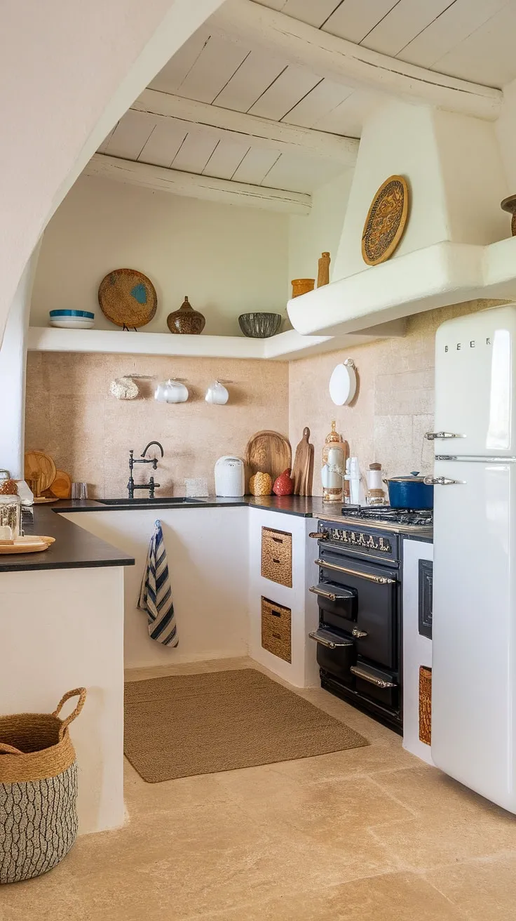 Elegant Spanish-Mediterranean kitchen design features white cabinets, beige backsplash, and black accents.