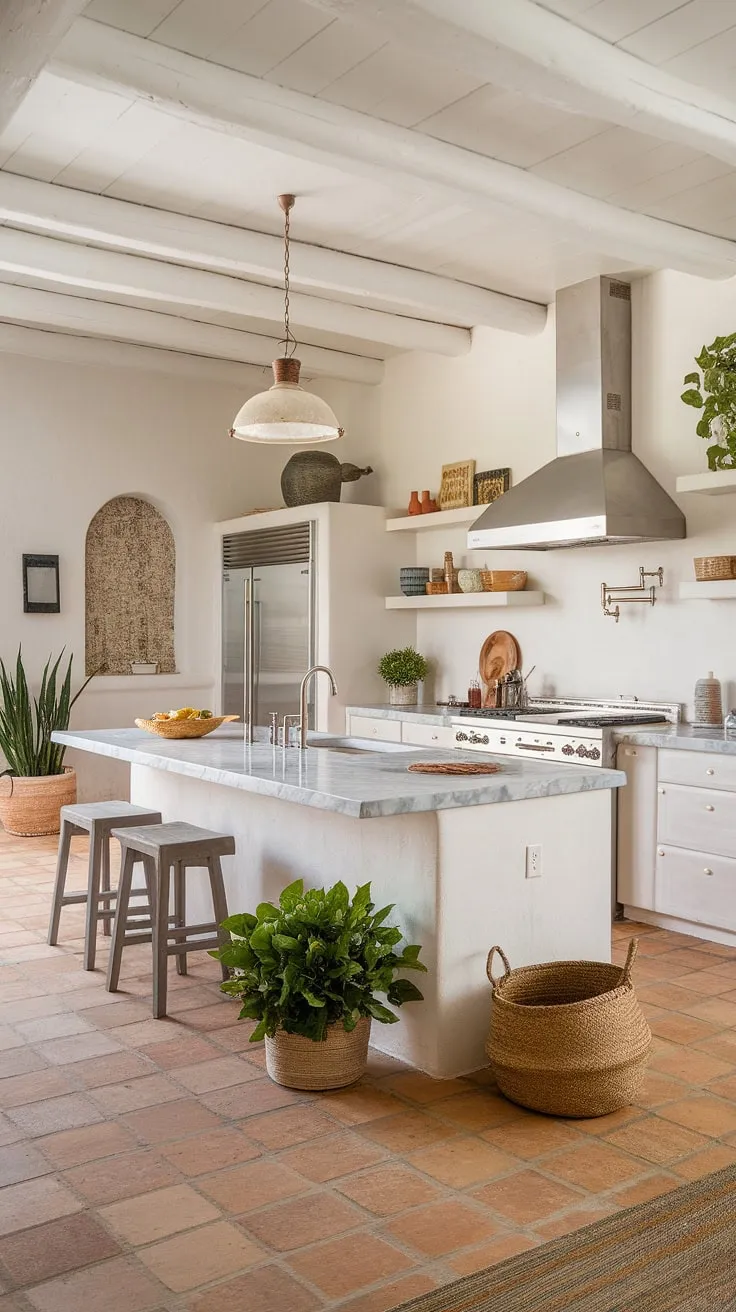 A Spanish-style kitchen design features a large marble island, whitewashed walls, and terracotta flooring bathed in sunlight.
