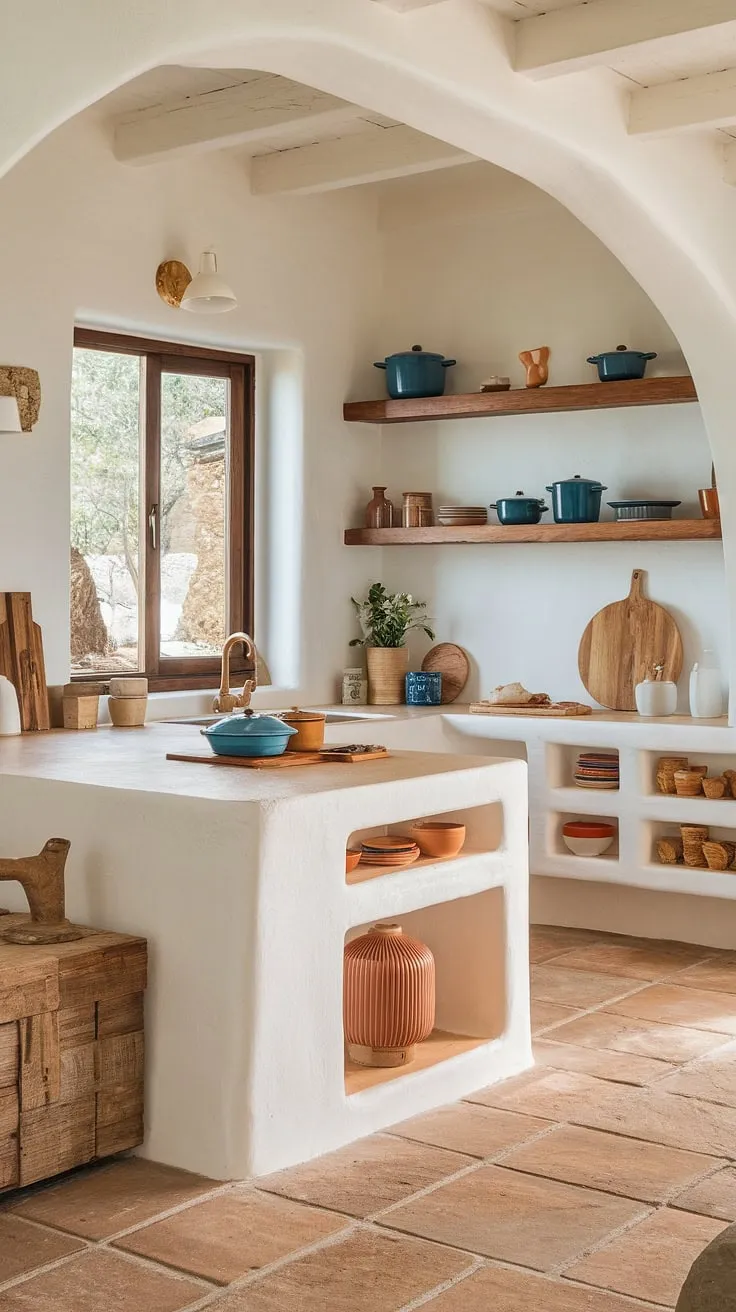 A sunlit Spanish-inspired kitchen blends white, beige, and pops of blue and orange, creating a welcoming and functional culinary haven.