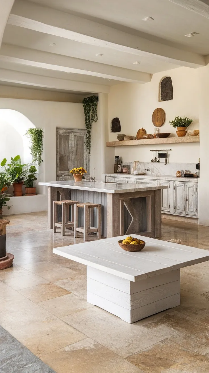 Sunlight streams into a bright Spanish-style kitchen featuring a white island, marble accents, and rustic charm.