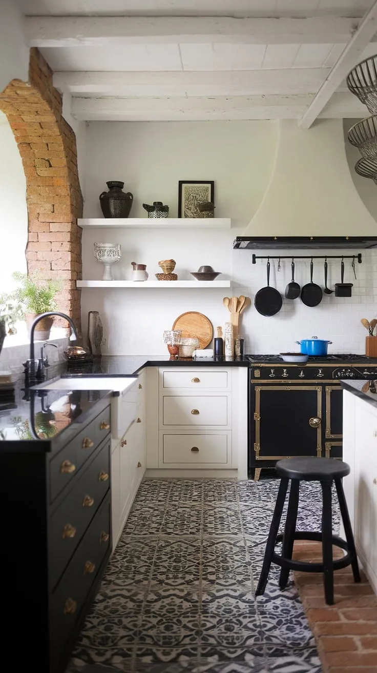 Modern meets Mediterranean in this stylish kitchen, featuring a black and white palette, exposed brick, and Spanish influences.