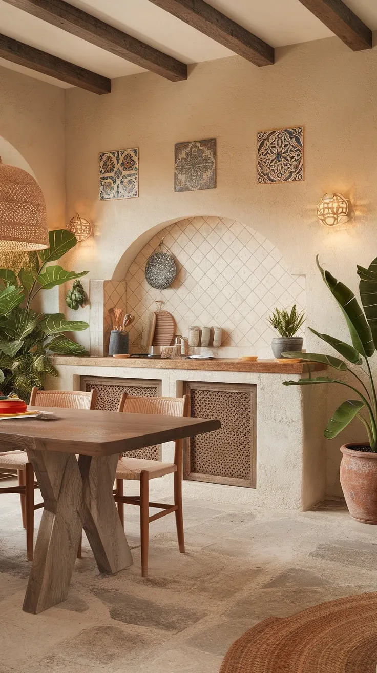 Warm lighting illuminates a rustic Spanish kitchen, blending modern accents with a stone floor, wooden table, and decorative tiles.