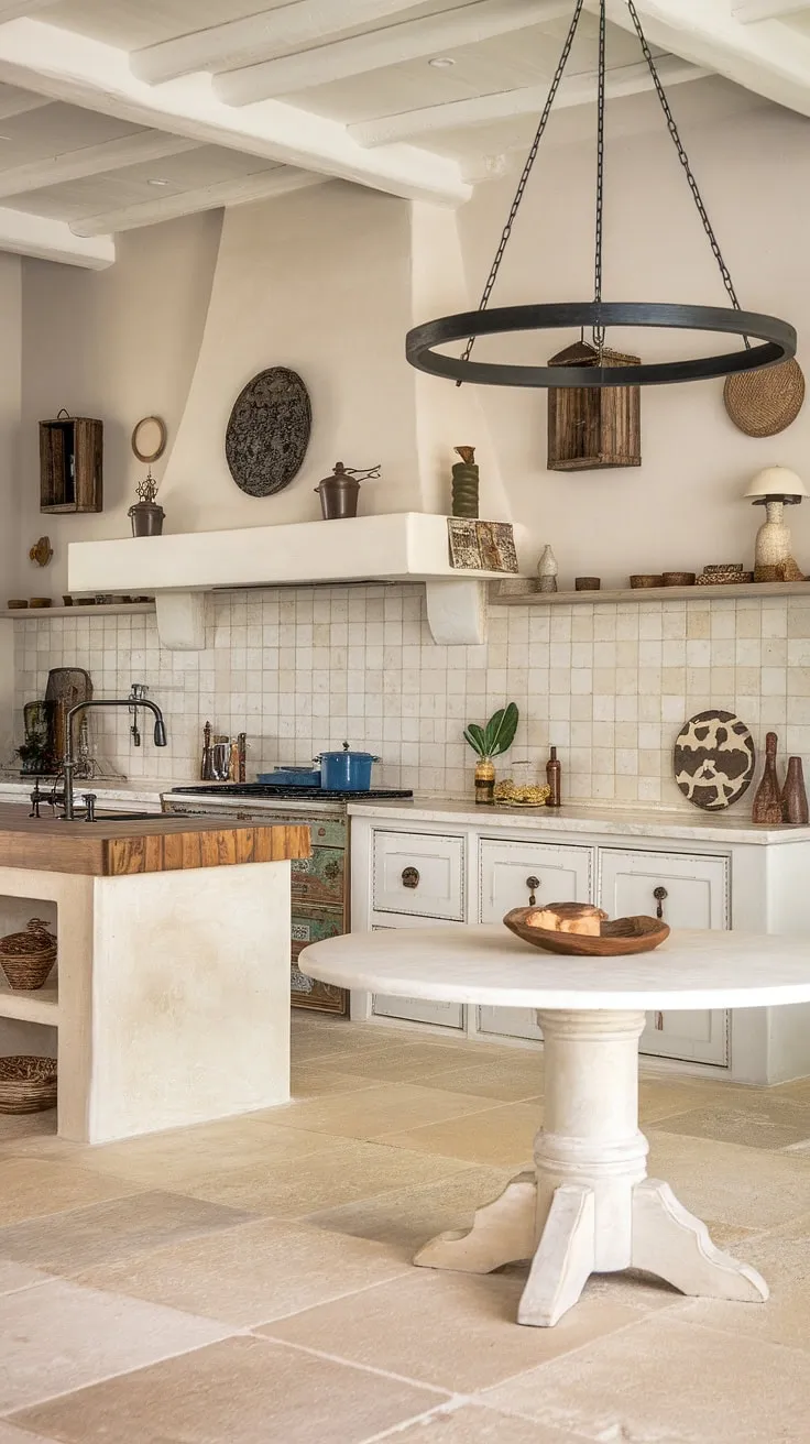 A modern Mediterranean kitchen blends white cabinets and marble with Spanish accents, creating a stylish and functional space.