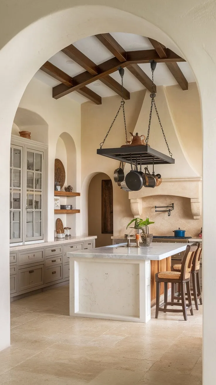 A modern Spanish hacienda kitchen boasts beige cabinetry, a marble-topped island, and vaulted ceilings, creating a sophisticated Mediterranean atmosphere.