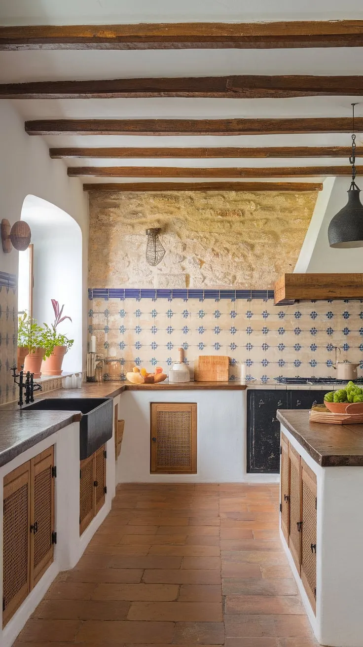 Modern elegance meets traditional charm in a Spanish-inspired kitchen featuring a stone wall, terracotta tiles, and a stylish black-and-white island.