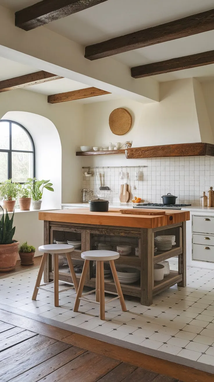 A sun-drenched kitchen blends Spanish and Mediterranean styles with a modern twist, highlighted by a central wooden island.
