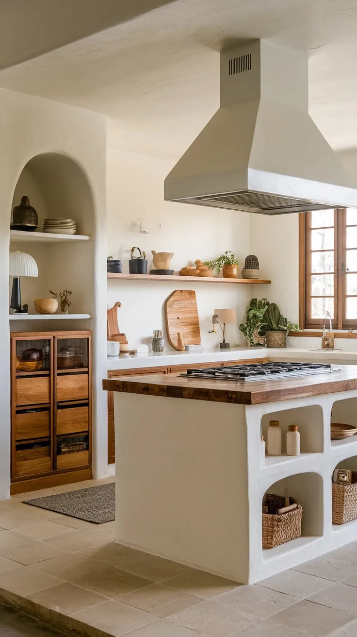 Elegant Spanish-style kitchen design features a bright white island and ample storage