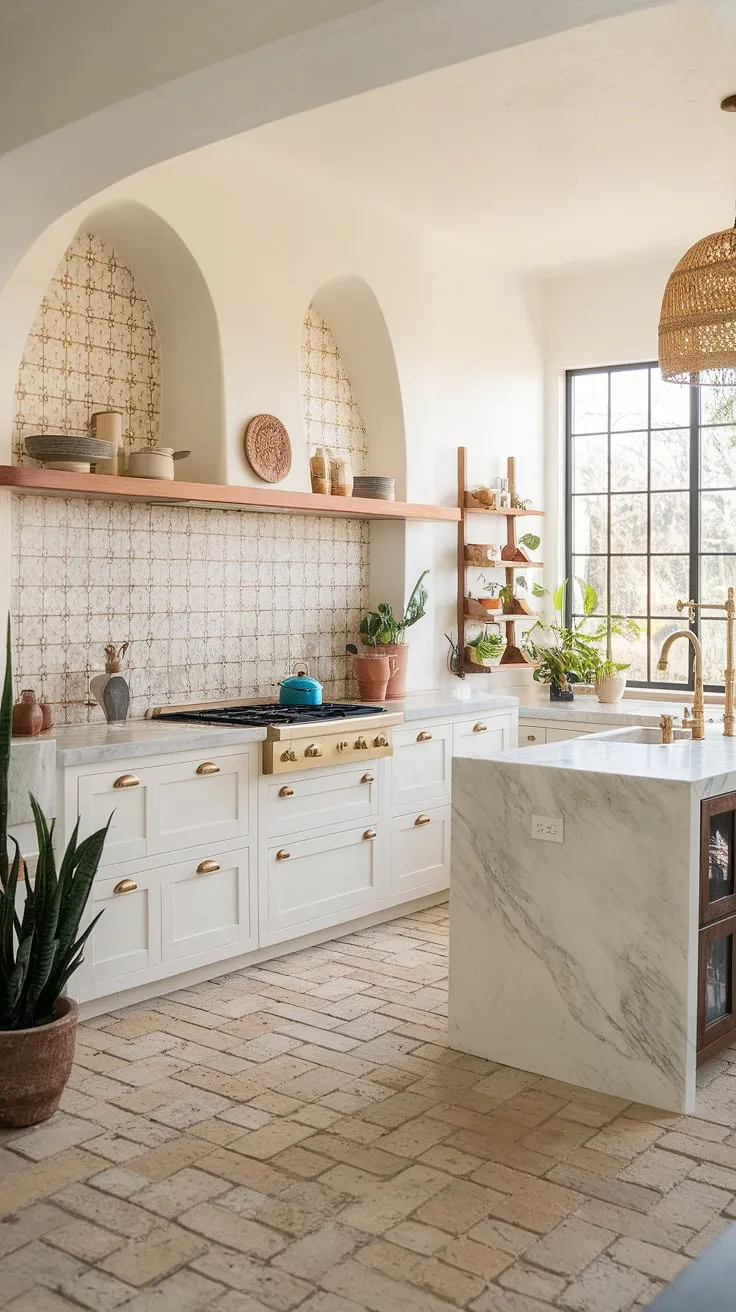 Sunlight streams into a bright Mediterranean kitchen featuring white cabinets, marble, and gold accents