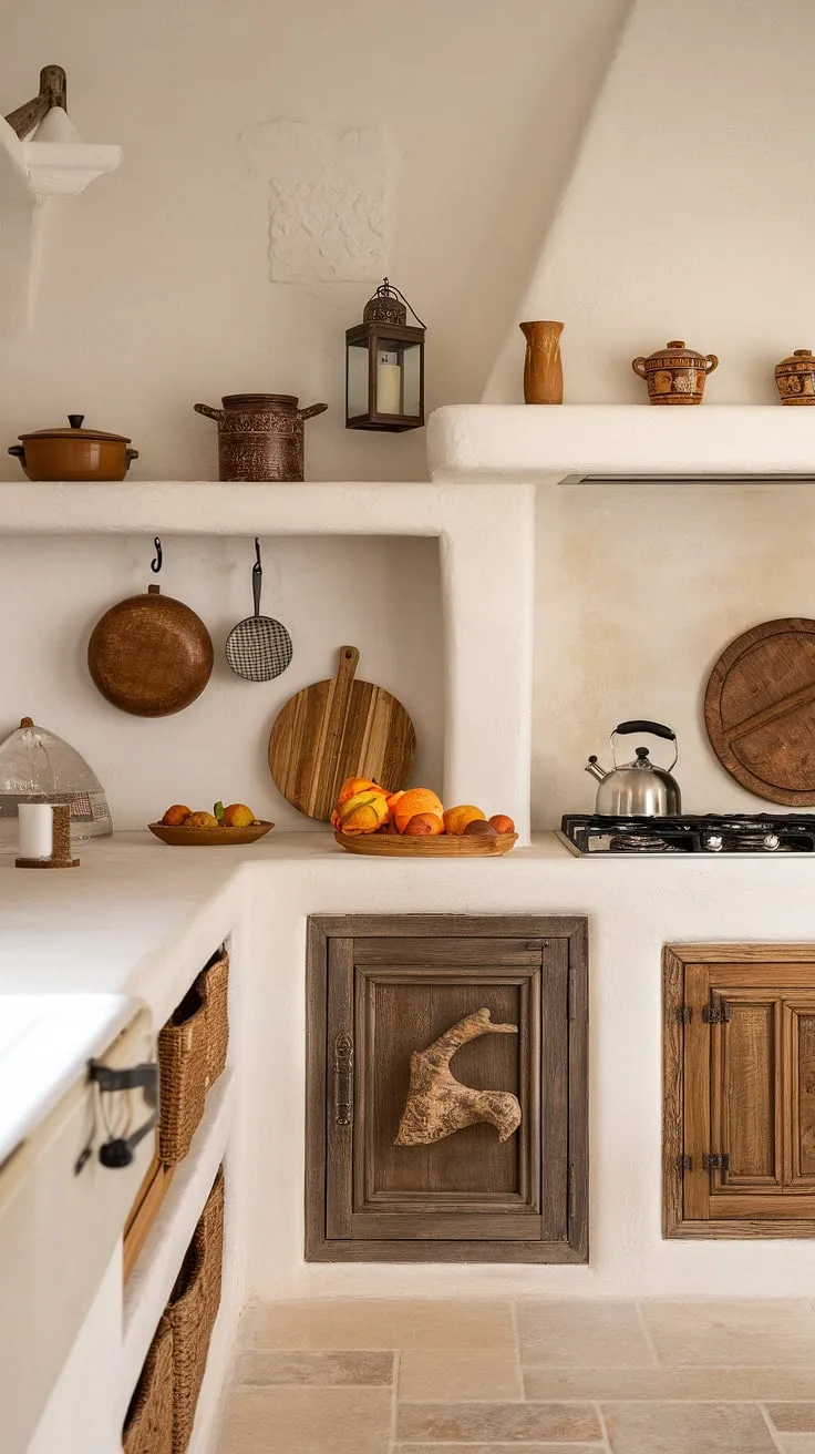 A sun-drenched Spanish-style kitchen, featuring white countertops and warm beige walls, exudes modern Mediterranean charm.