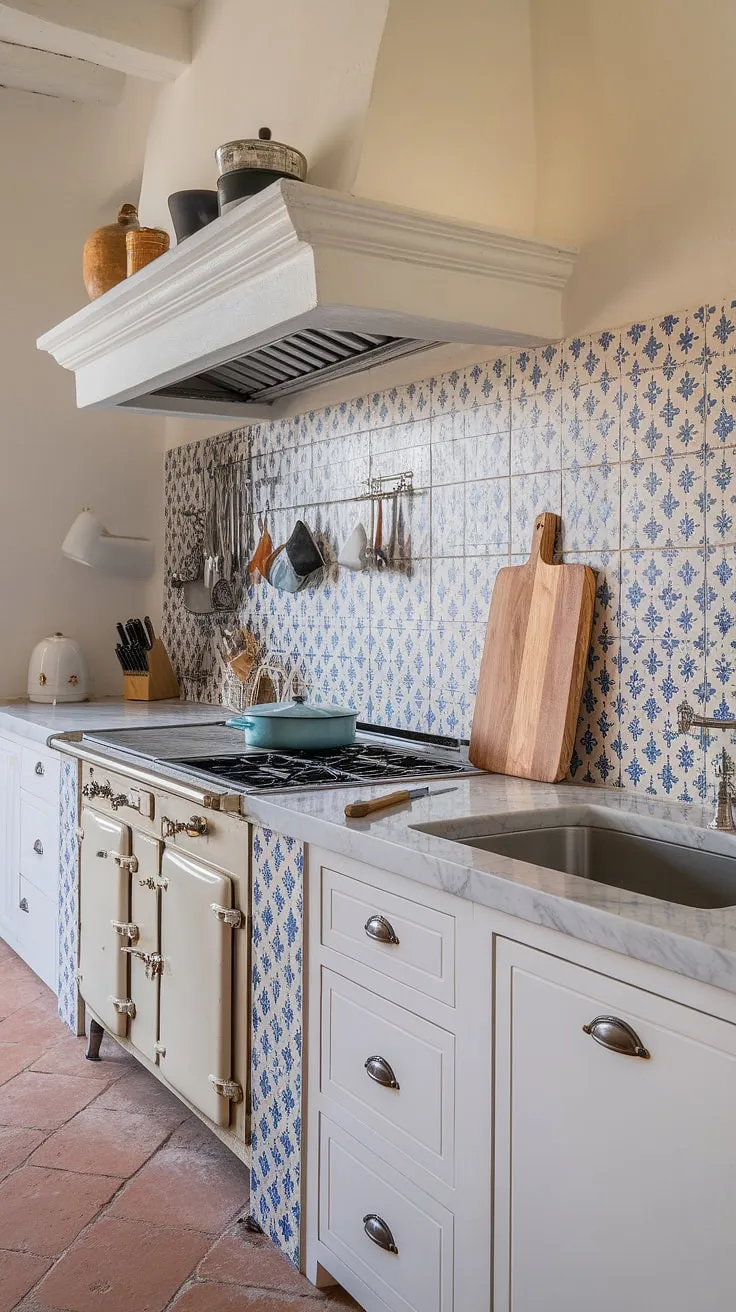 A modern Mediterranean kitchen blends white cabinets, terracotta floors, and a vintage stove with a vibrant Moroccan-inspired backsplash.