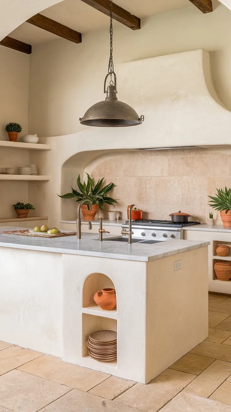 Sleek white and beige define this modern Spanish kitchen, its industrial lighting and potted plants adding warmth to the minimalist design.