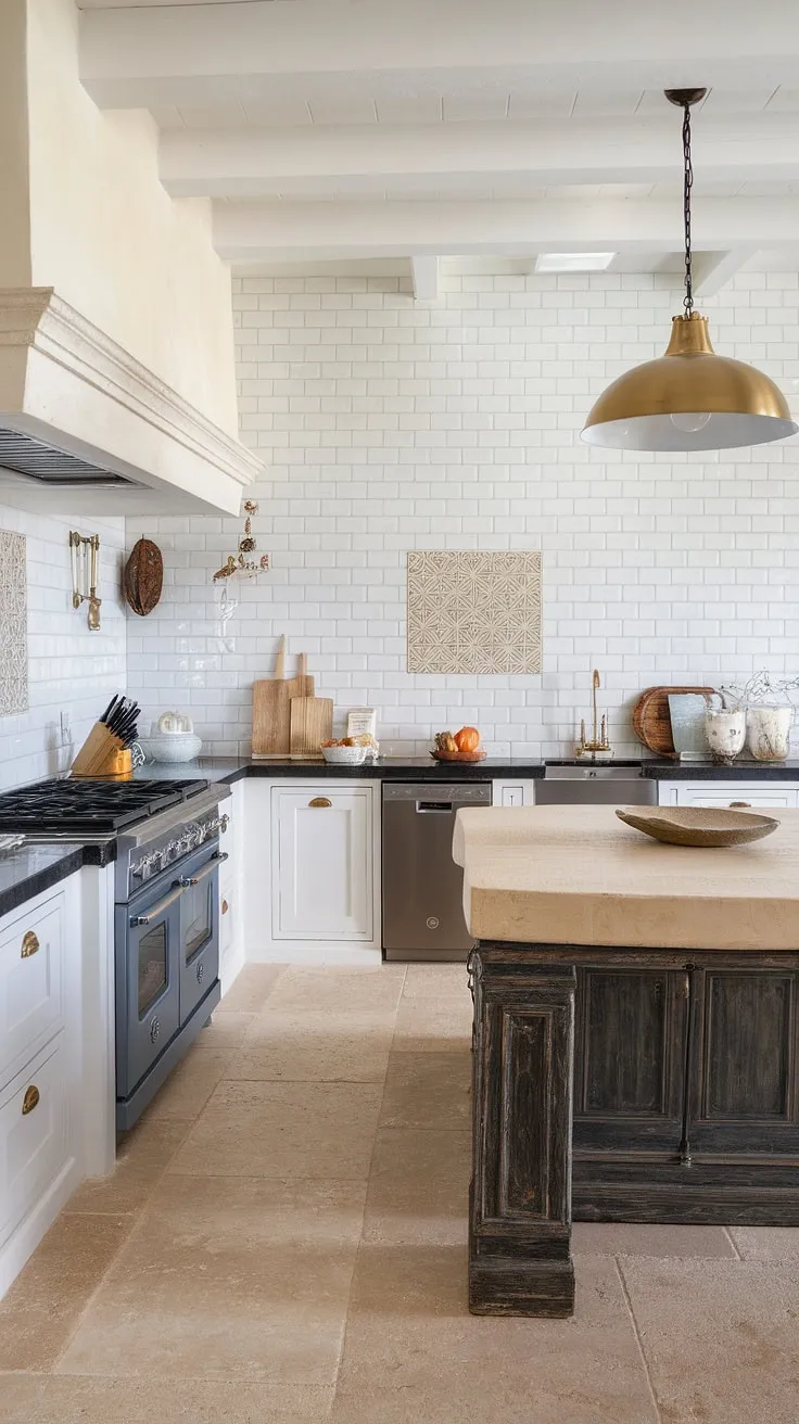 Spanish-inspired design meets modern convenience in a bright kitchen featuring white cabinetry, dark countertops, and a substantial central island.
