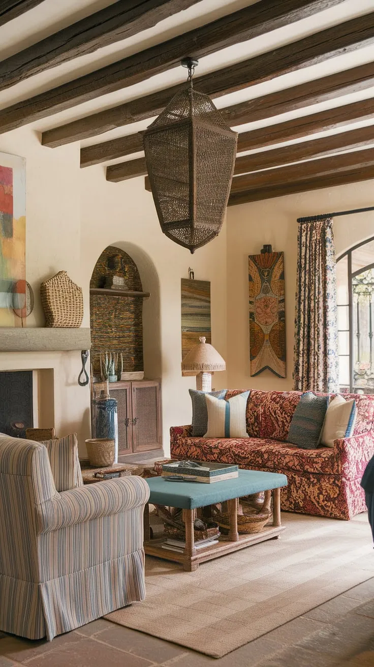A sun-drenched Spanish living room showcases rich Hacienda style and Mediterranean design elements.