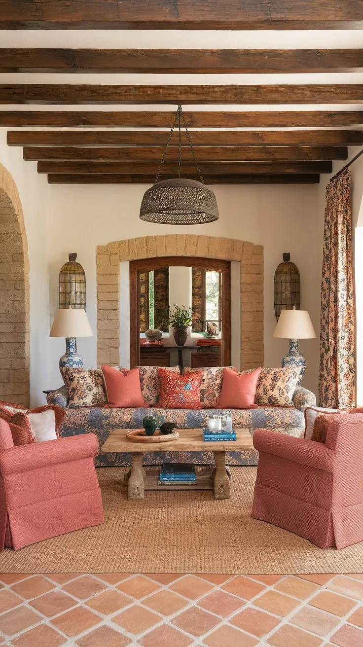 A vibrant Spanish living room evokes a Hacienda's colorful Mediterranean charm.