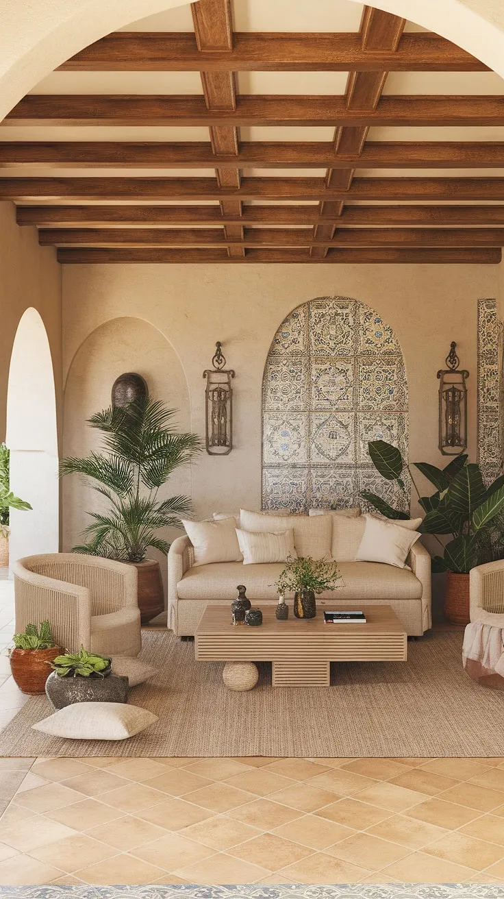 Elegant Spanish hacienda style fills a sun-drenched living room with warm beige tones and decorative tile
