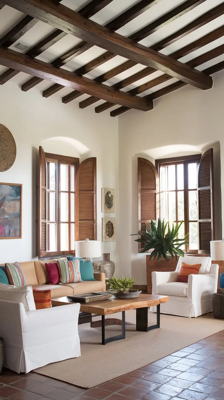 A Spanish-style living room, bright with white walls and colorful accents, evokes a sense of relaxed elegance.