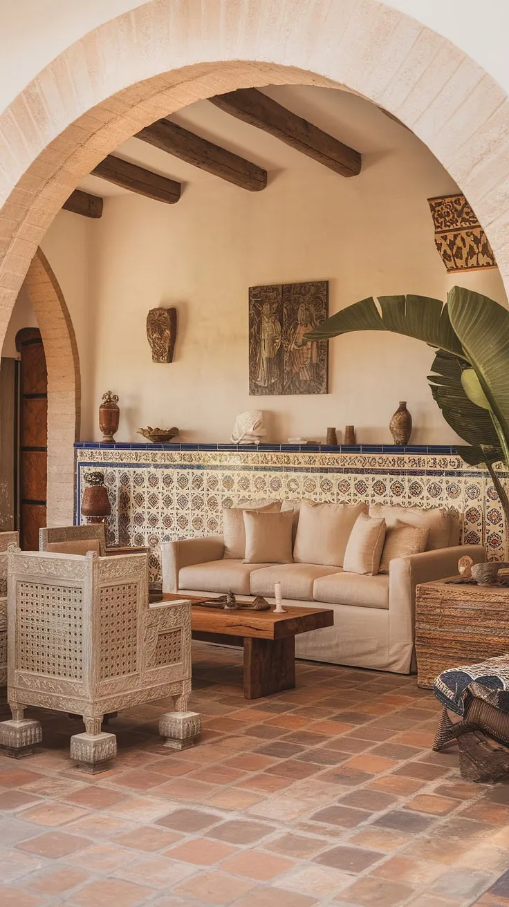 Intricate carvings and colorful tiles define the inviting Mediterranean atmosphere of a Spanish hacienda living room.