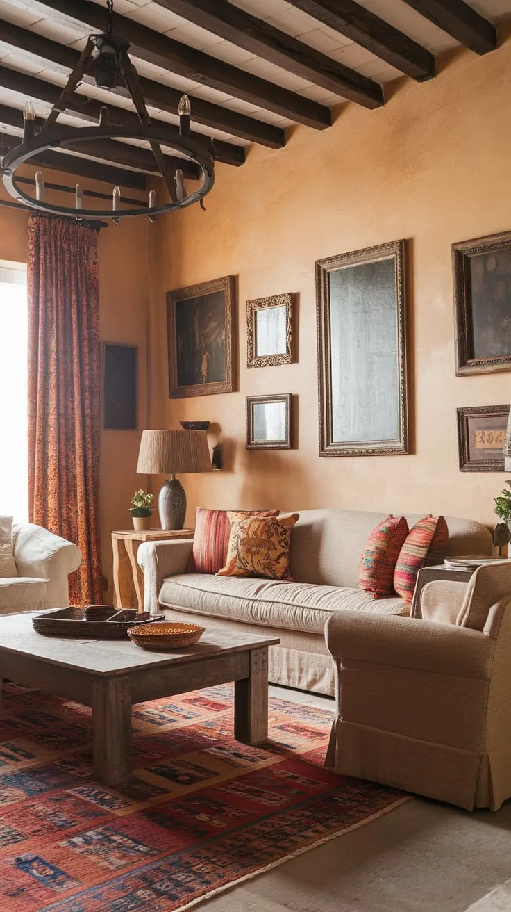 A Mediterranean-inspired living room evokes a sense of relaxed elegance with its rich textures and vibrant colors