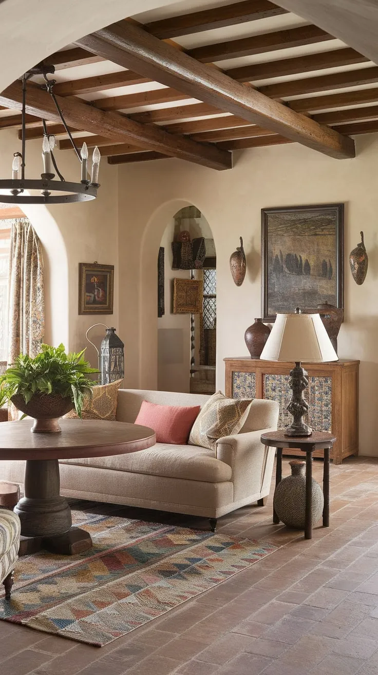 A Spanish-inspired living room exudes charm with its colorful décor and handcrafted wooden furniture.