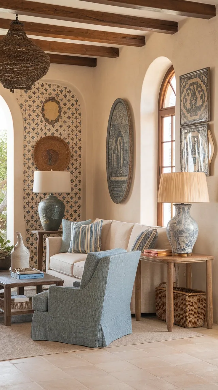 Warm beige and blue hues create a welcoming Spanish hacienda-style living room, enhanced by traditional tile and decorative accents.