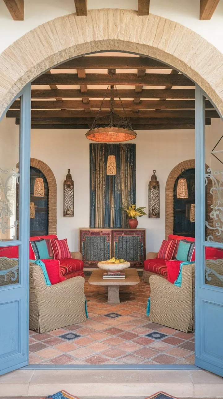 This sun-drenched Mediterranean revival living room harmoniously marries old-world charm with modern comfort, creating a tranquil oasis rich in history and artistry.