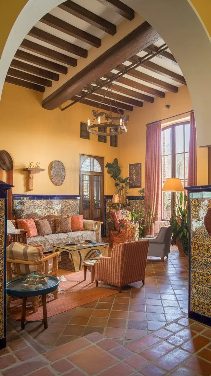 Sunlight dances through an arched window, casting a warm glow on the vibrant terracotta tiles of a Spanish-style living room that exudes effortless elegance and the inviting spirit of Mediterranean design.