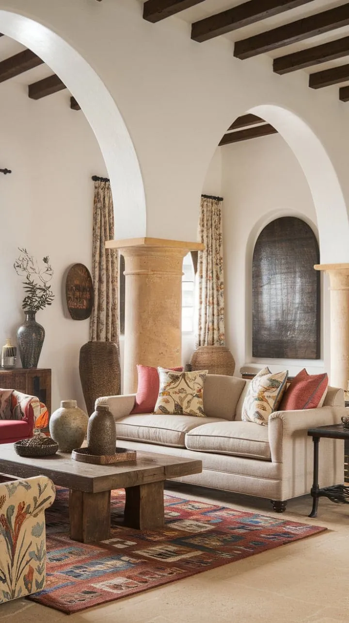 Sunlight dances through the arches of a Spanish hacienda-inspired living room, blending rich textures and vibrant colors into a warm, inviting oasis of effortless elegance.