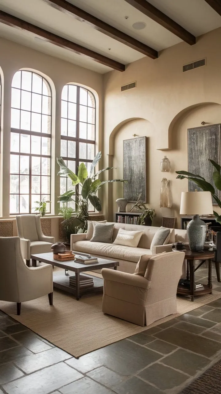Sunlight bathes the warm beige and terracotta hues of this Spanish living room, where curated details and flourishing plants evoke a serene Mediterranean elegance.