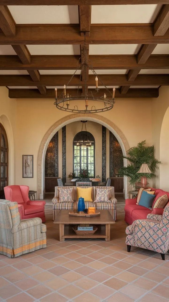 Bathed in sunlight, this Spanish-style living room harmoniously fuses rustic charm and modern comfort, creating a vibrant haven of warmth and elegance.
