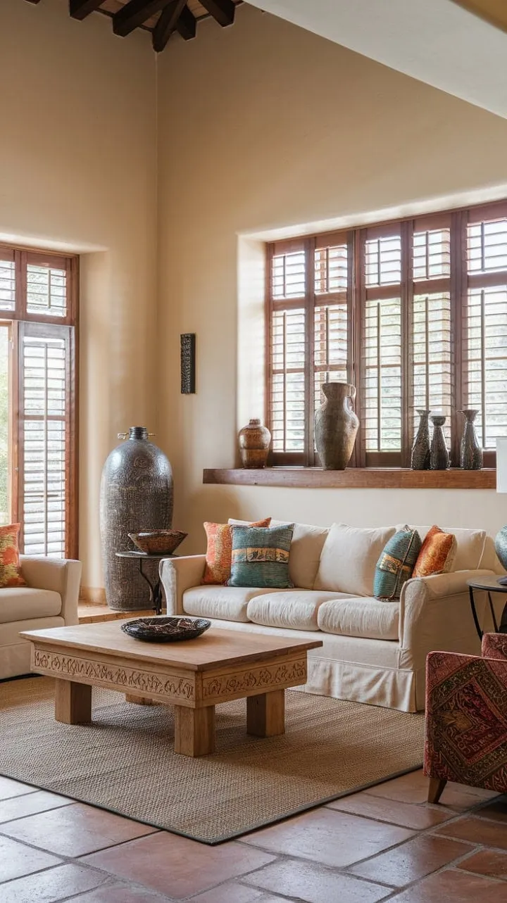 Step into a sunlit Mediterranean oasis where high ceilings and rich textures invite you to unwind in tranquil elegance.