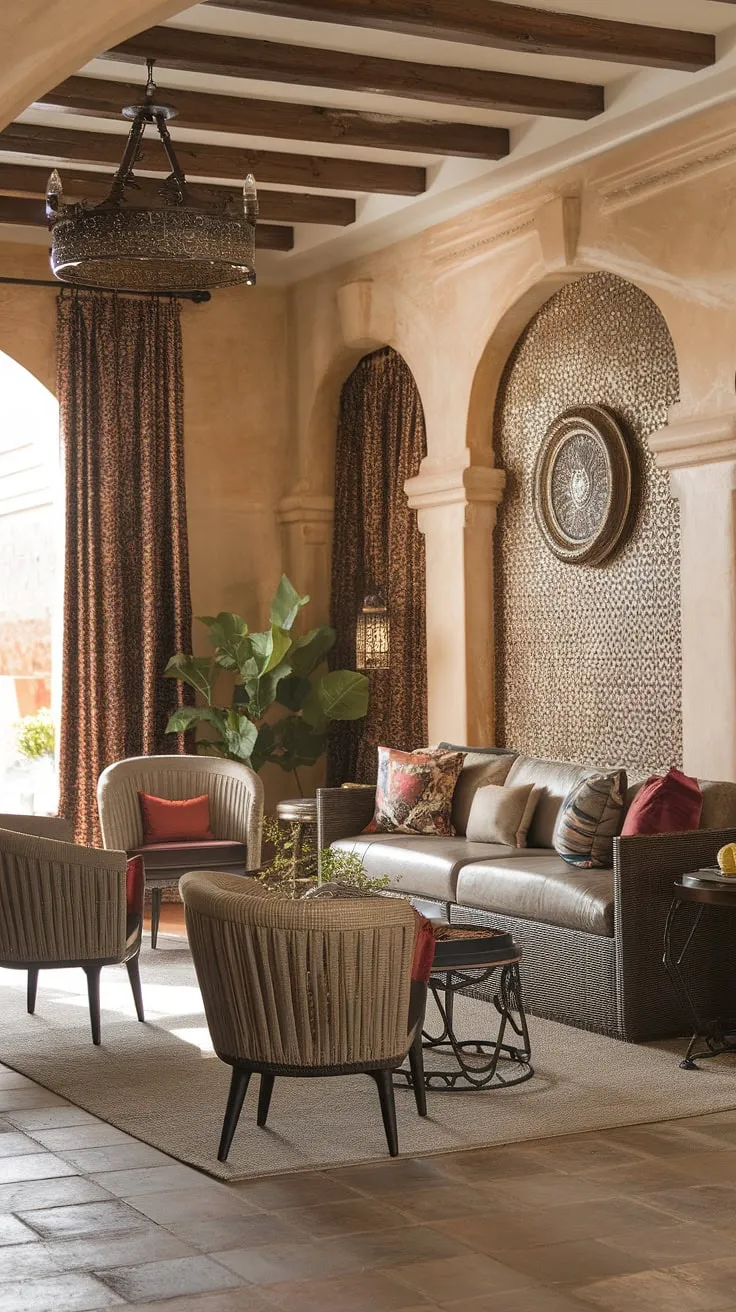 Intricate patterns and a chandelier adorn a tiled Spanish living room furnished with hacienda-style comfort.