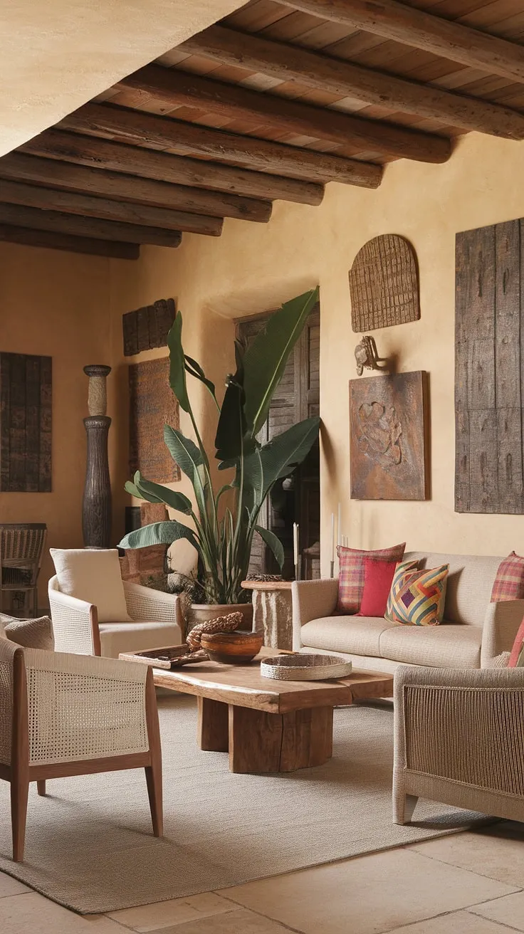 A sun-drenched Spanish living room boasts a beige sofa, vibrant pillows, and terracotta tile floors under a beamed ceiling, creating a warm Mediterranean atmosphere.