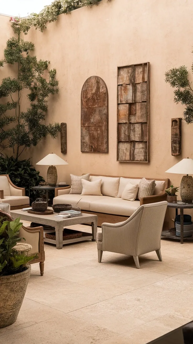 A sun-drenched Spanish living room showcases Mediterranean design with beige furniture and earthy artwork