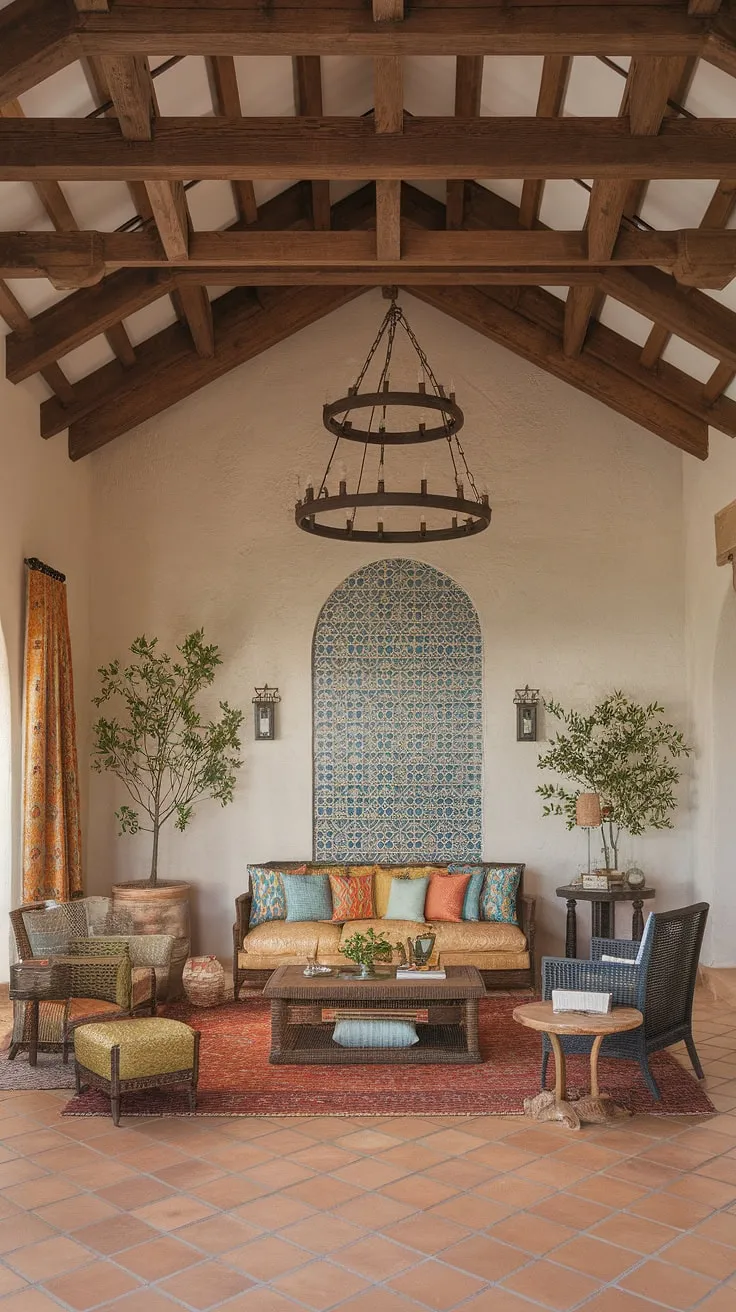 A Spanish-style living room exudes warmth with its high ceilings, colorful textiles, and wrought-iron details.