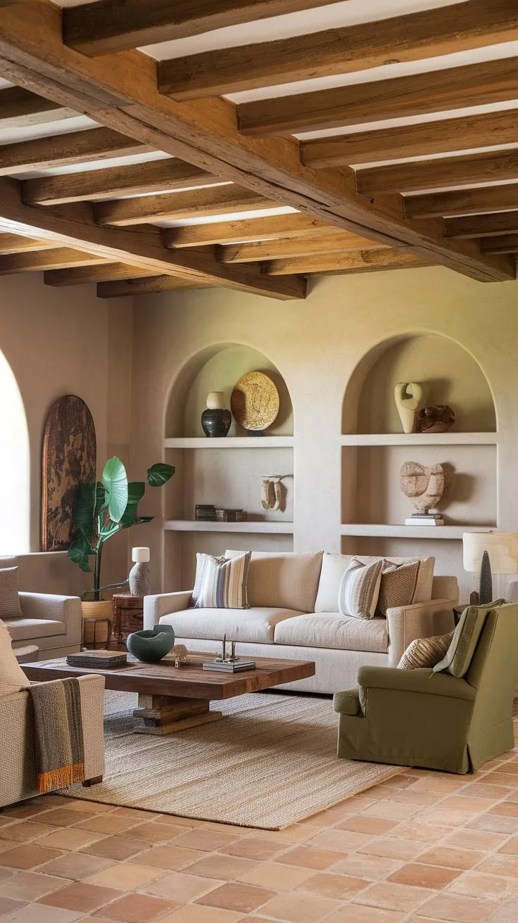 Warm terracotta tiles and wooden beams highlight the inviting blend of cool and warm tones in this Spanish hacienda living room.