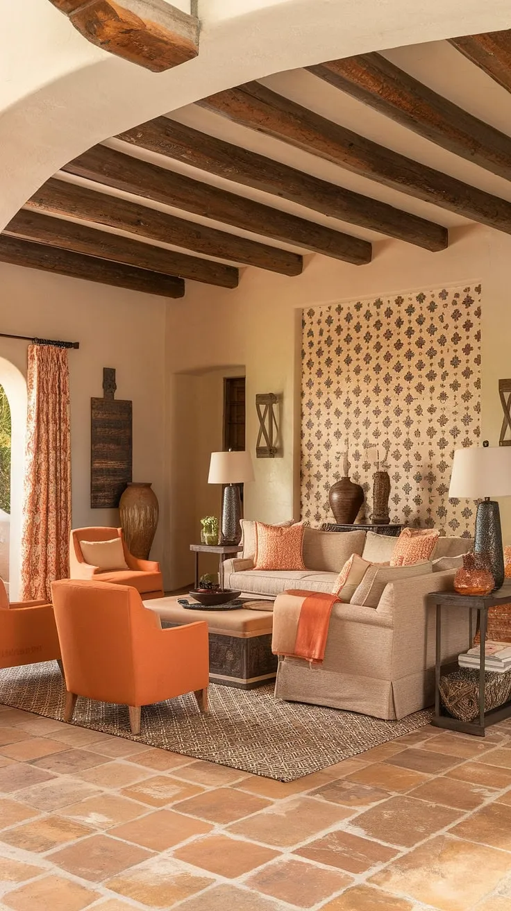 Warm terracotta tiles and a beamed ceiling highlight a vibrant Spanish living room featuring beige and orange furnishings and patterned accents.