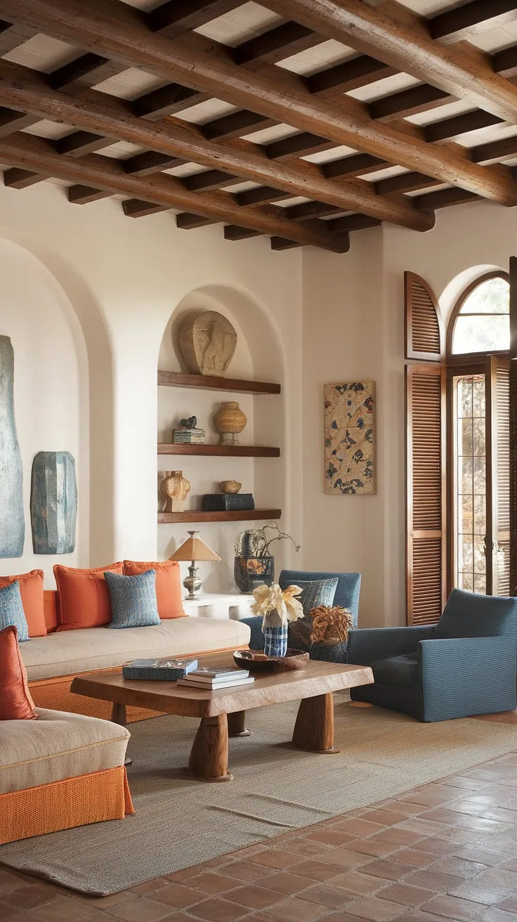 A sun-drenched Mediterranean living room evokes a relaxed Spanish hacienda atmosphere with vibrant textiles and warm wood tones.