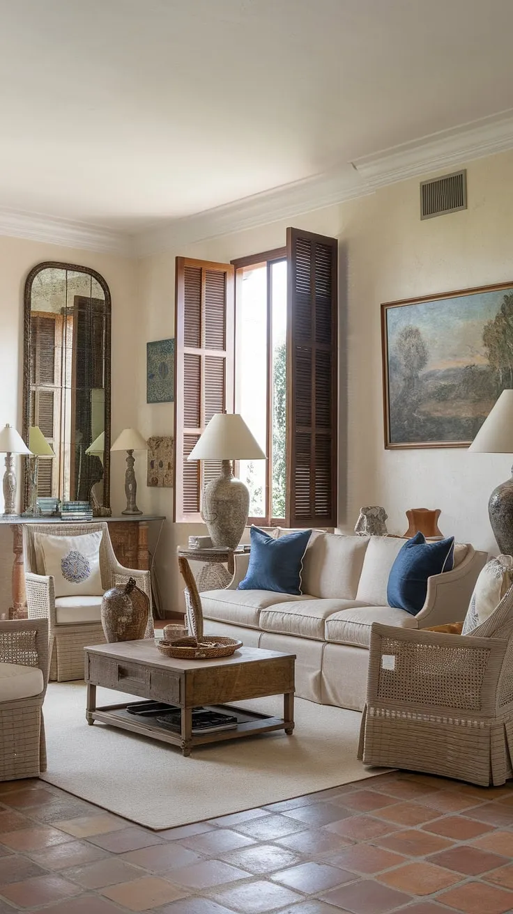 Elegant Mediterranean style fills a sunlit Spanish living room with terracotta floors and blue-accented furniture.