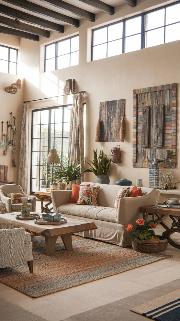 This vibrant Spanish Hacienda living room harmoniously blends rustic charm with modern comfort, creating a serene sanctuary filled with rich textures and warm natural light.