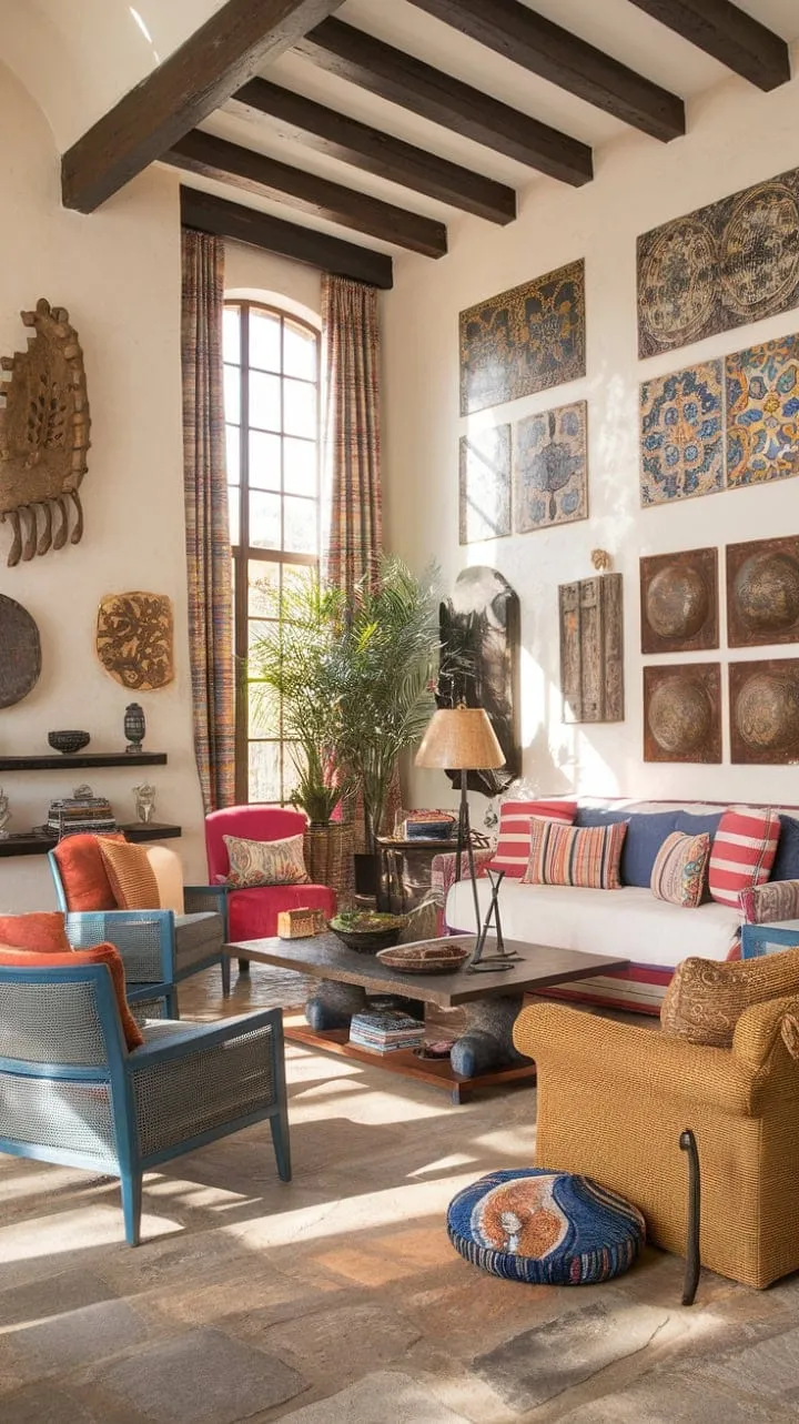 Sunlight dances through the vibrant hacienda living room, highlighting colorful tiles and rustic art, while inviting comfort and Mediterranean charm for a perfect escape.
