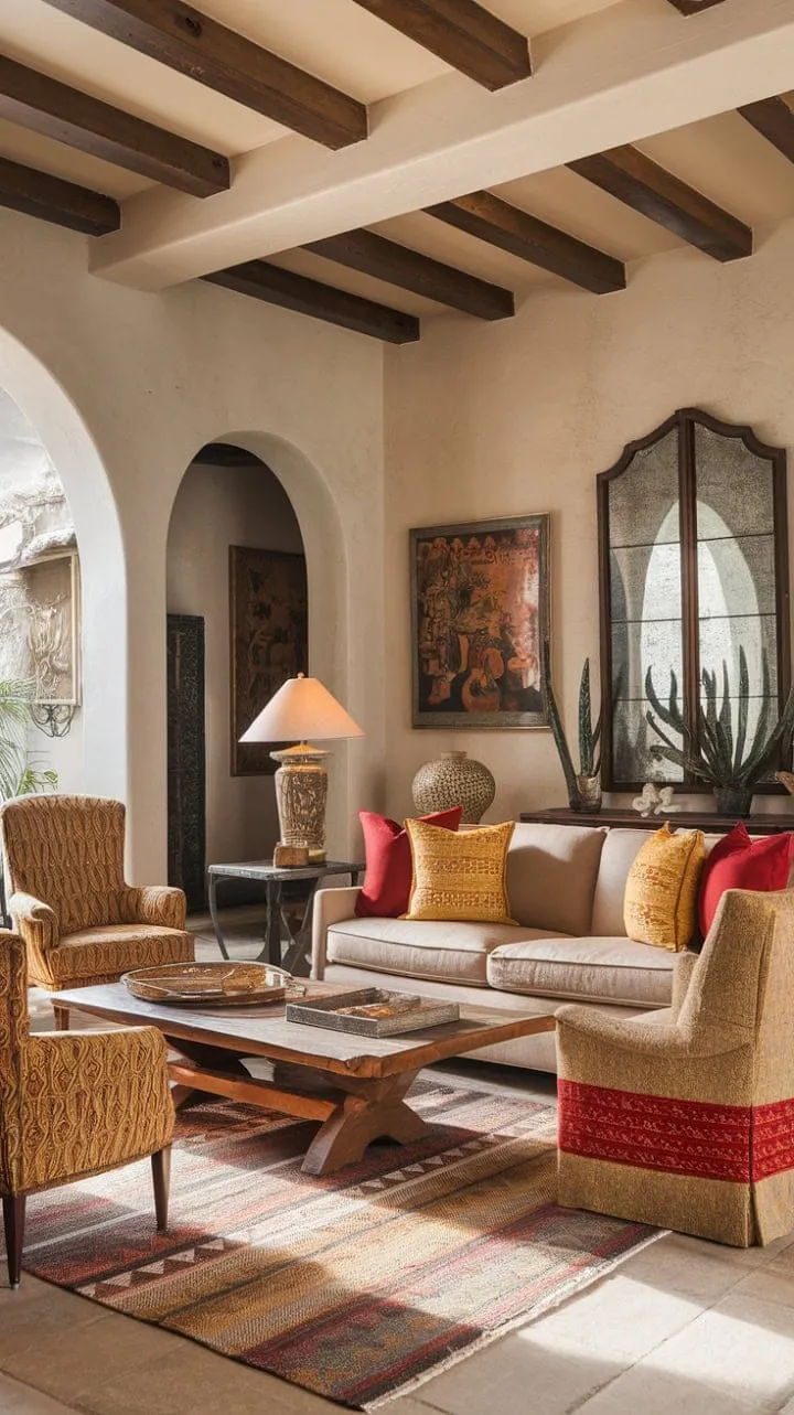 Sunlight dances through arched doorways, casting a warm glow on a vibrant Spanish living room that beautifully blends relaxed elegance with rich history.