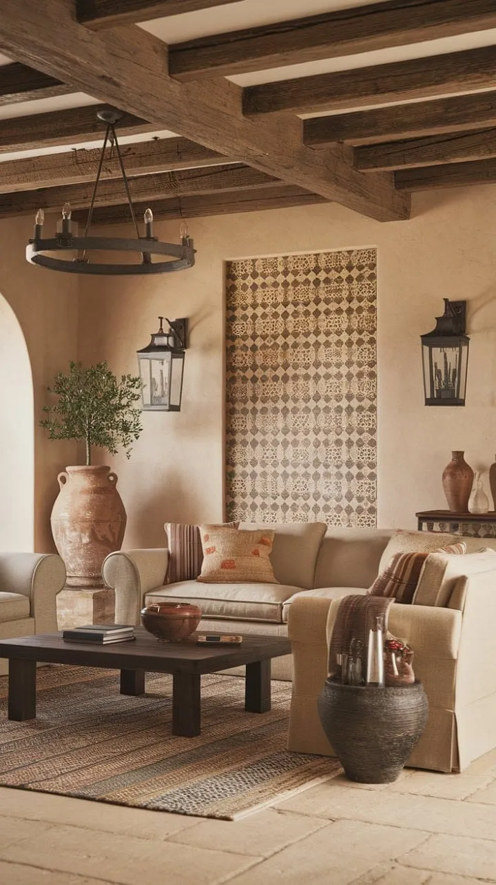 Sunlight dances through an arched window, casting a warm glow on the rustic elegance of a Spanish-style living room, where every detail invites cherished memories.